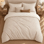 Cream Brown Triangle Lattice duvet cover set, overhead view showing the full bed on a jute rug with matching pillowcases
