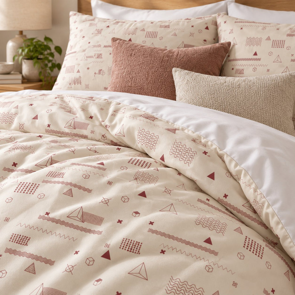 Cream Rose Retro Geometric duvet cover set, close-up of pillowcases showing pillowcases behind terracotta and oatmeal bouclé