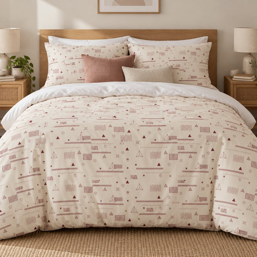 Cream Rose Retro Geometric duvet cover set, front view showing rose-red retro shapes on cream with two cushions