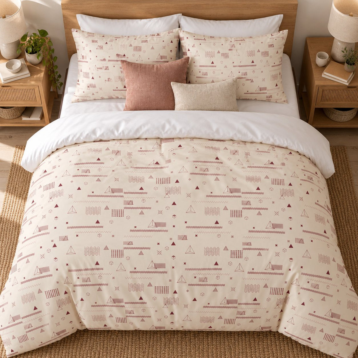 Cream Rose Retro Geometric duvet cover set, overhead view showing the bed between rattan bedside tables with a jute rug