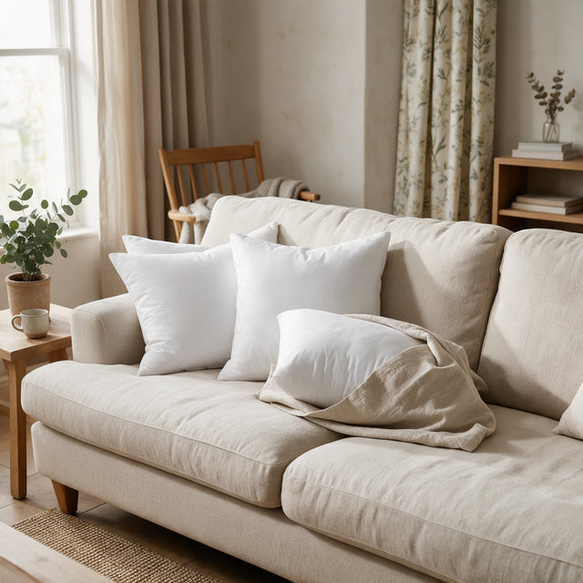 White square Cushion Inserts on an oat linen sofa, one in a linen cover
