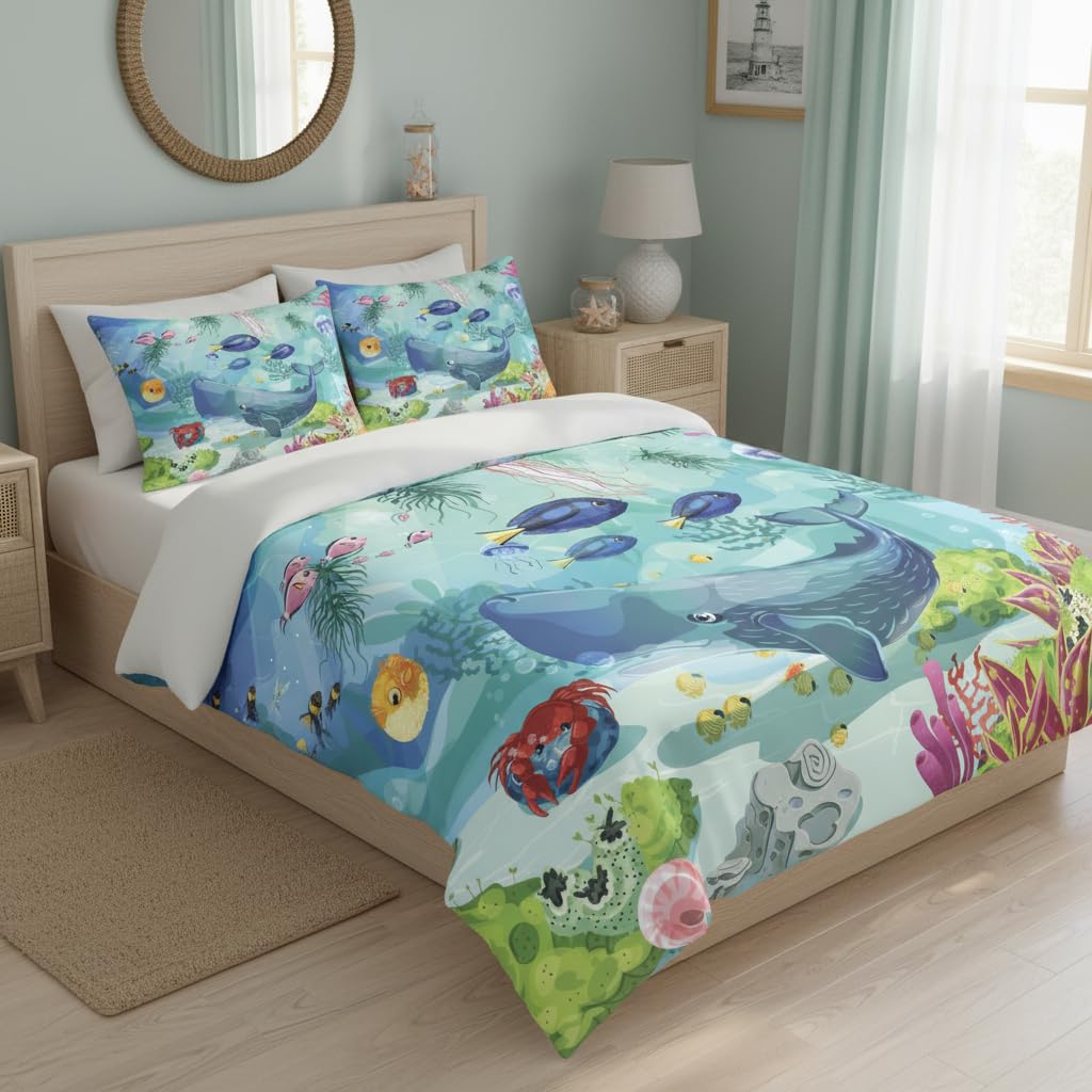 Ocean Duvet Cover Set – Deep Sea Whale Illustration