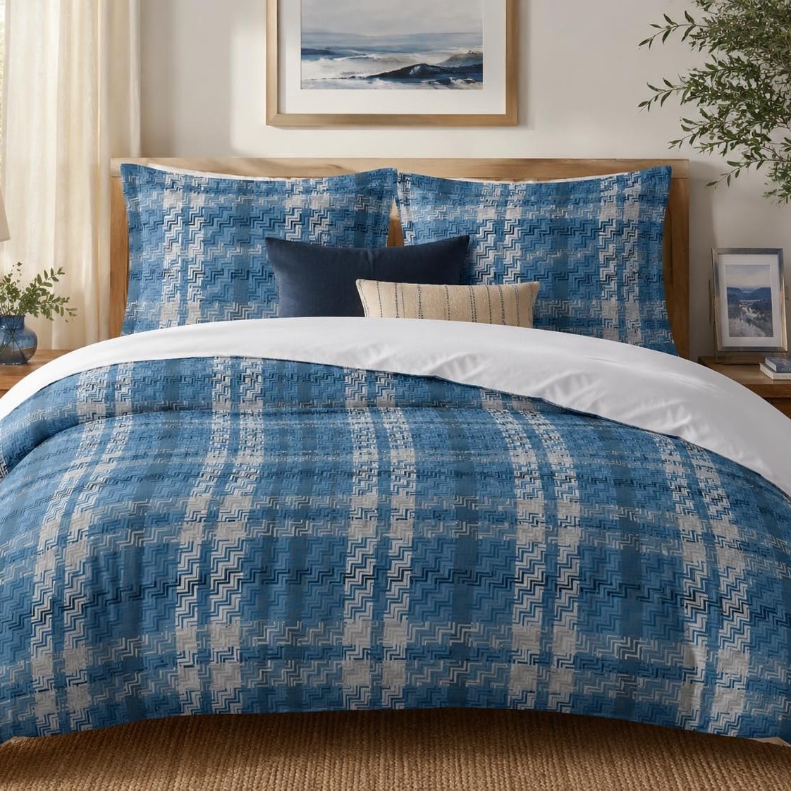 Denim Plaid duvet cover set, front view showing blue and grey zigzag-textured check on an oak bed by a window