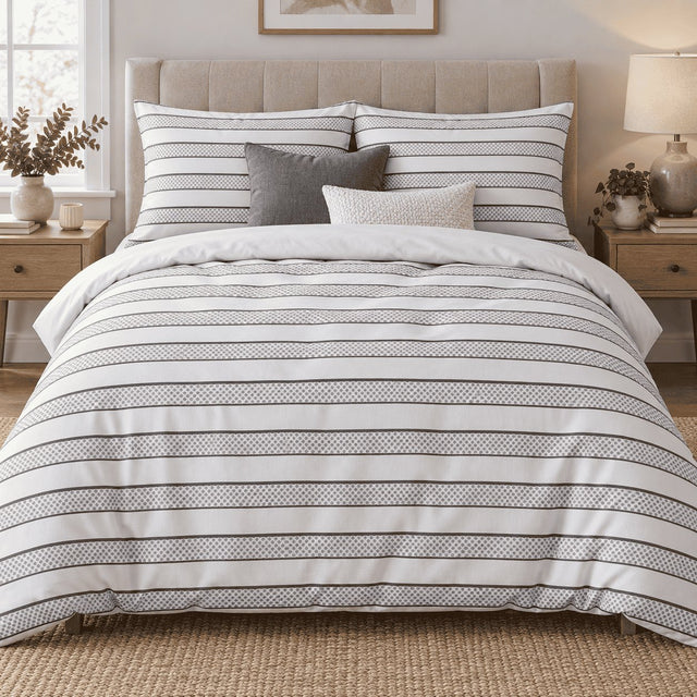 Dove Grey Dot Stripe duvet cover set, front view showing evenly spaced dotted grey stripes on white