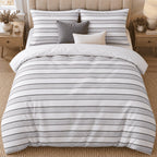 Dove Grey Dot Stripe duvet cover set, overhead view showing evenly spaced dove grey stripes on white