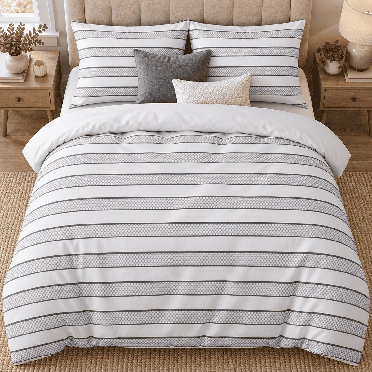 Dove Grey Dot Stripe duvet cover set, overhead view showing evenly spaced dove grey stripes on white