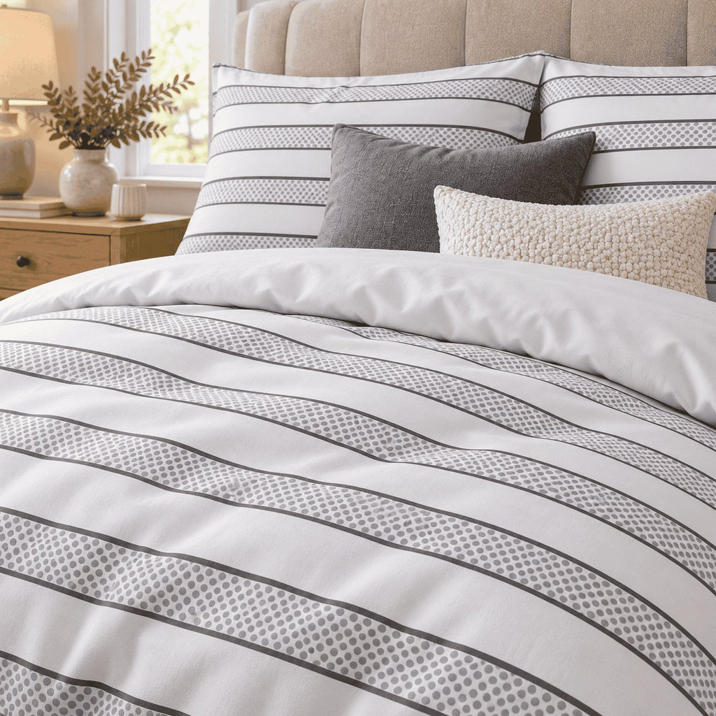Dove Grey Dot Stripe duvet cover set, print detail showing small grey dots between fine charcoal lines on white