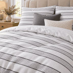 Dove Grey Dot Stripe duvet cover set, print detail showing small grey dots between fine charcoal lines on white
