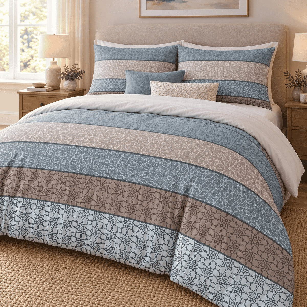 Duck Egg Taupe Boho Stripe duvet cover set, angled view showing duck egg blue and taupe star-lattice stripes