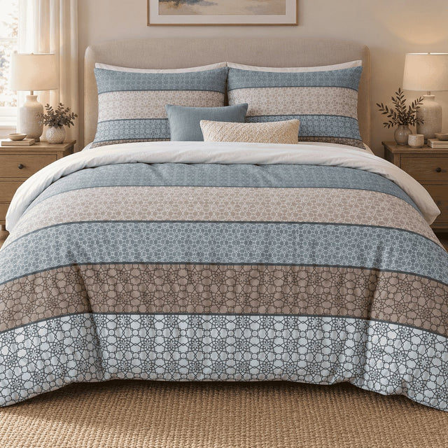Duck Egg Taupe Boho Stripe duvet cover set, front view showing wide duck egg and taupe lattice bands