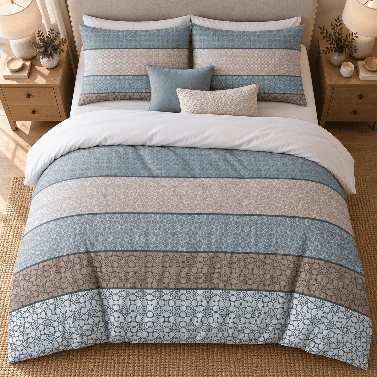 Duck Egg Taupe Boho Stripe duvet cover set, overhead view showing alternating duck egg and taupe bands