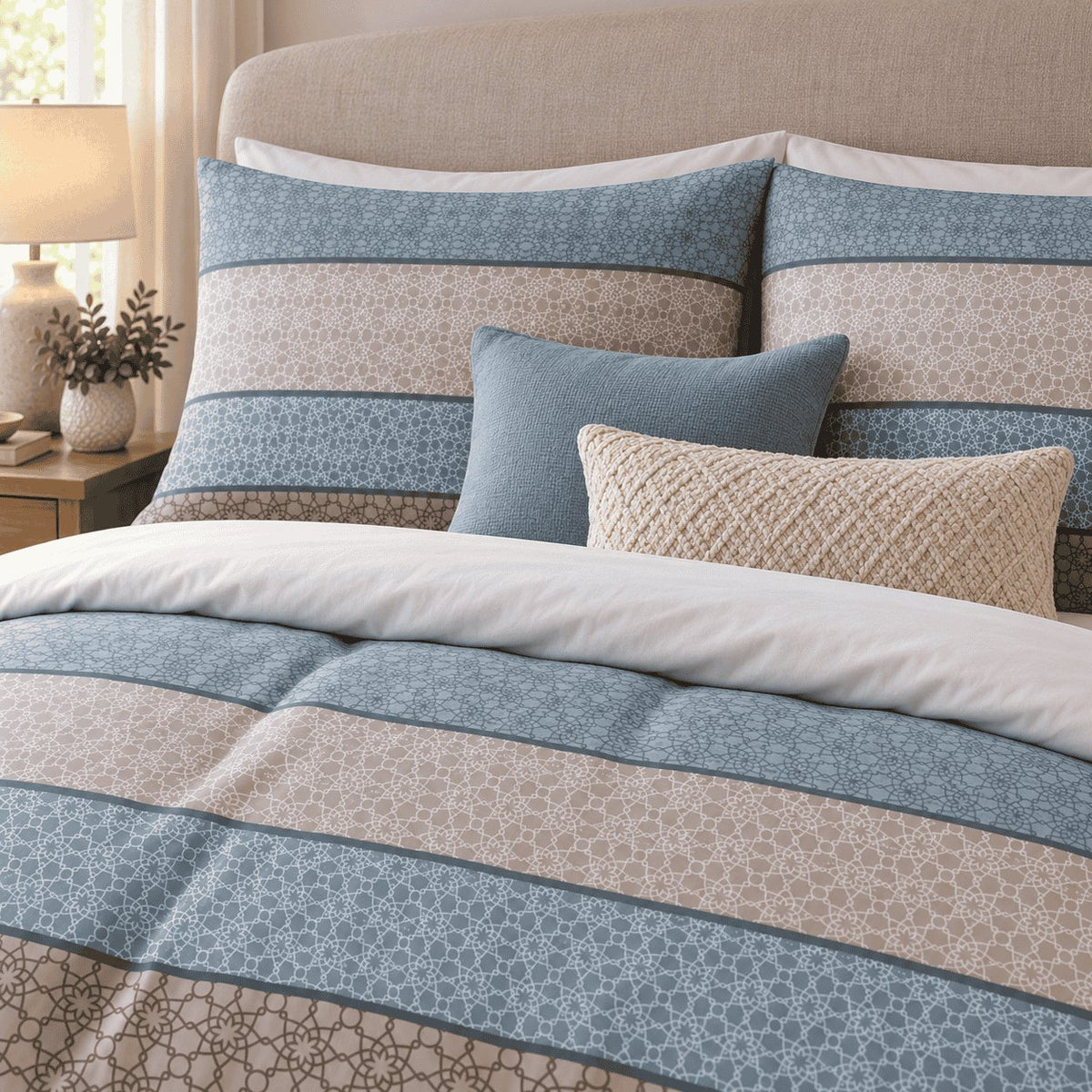 Duck Egg Taupe Boho Stripe duvet cover set, pillowcase detail showing lattice pillowcases with duck egg and cream cushions