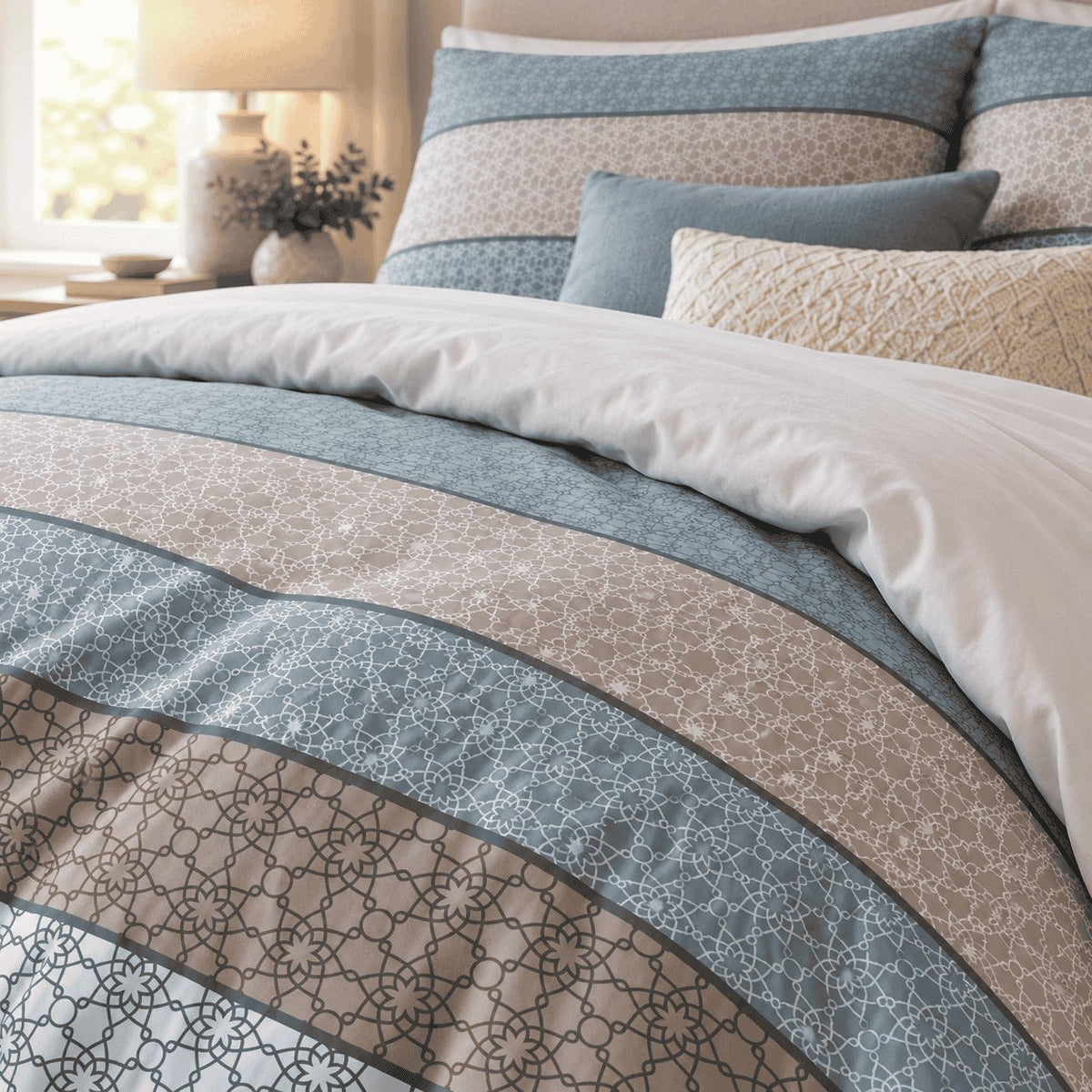 Duck Egg Taupe Boho Stripe duvet cover set, print detail showing fine white star lattice on duck egg and taupe