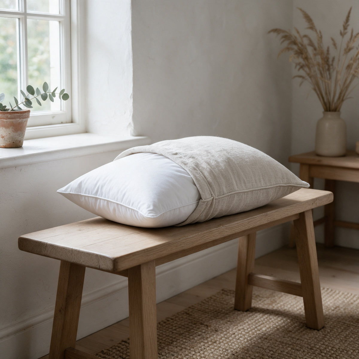 Duck Feather Cushion Pad half inside an oat linen cover on an oak bench