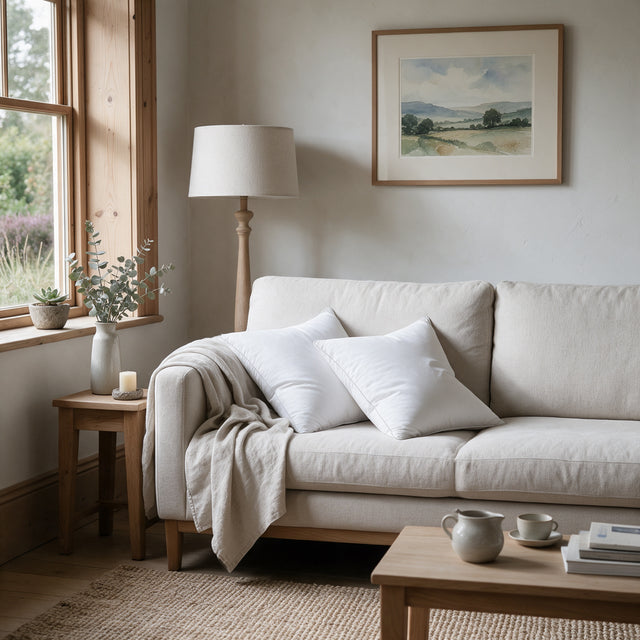 Duck Feather Cushion Pads on an oat linen sofa in a living room