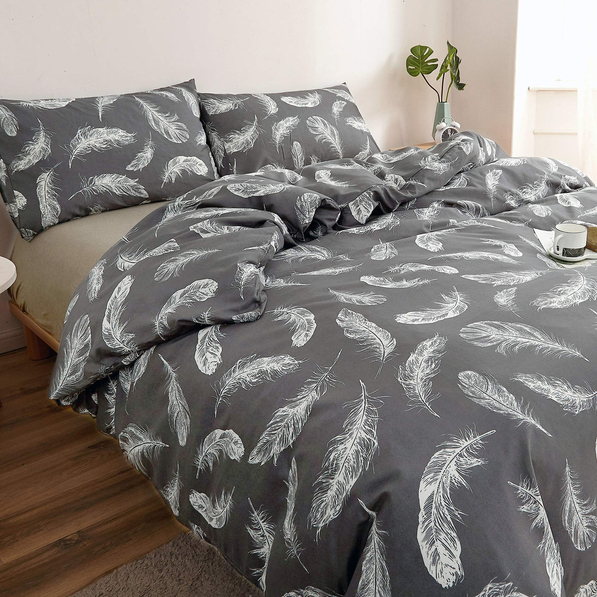 Feather Print Duvet Cover Set – Charcoal, Single to Super King (view 2)