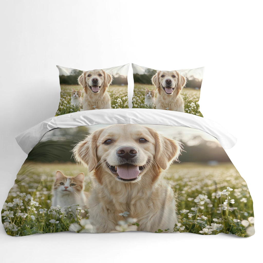 Dog Breed Duvet Cover Set – Golden Retriever with Kitten Garden