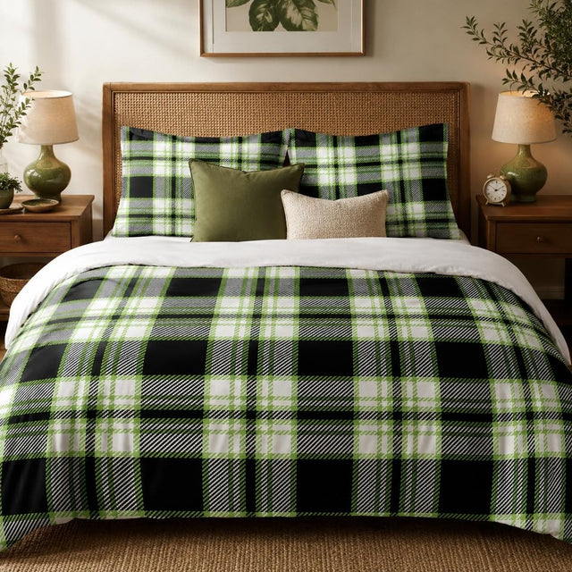 Green Plaid duvet cover set, front view showing a large black and white check with lime green stripes on a rattan bed