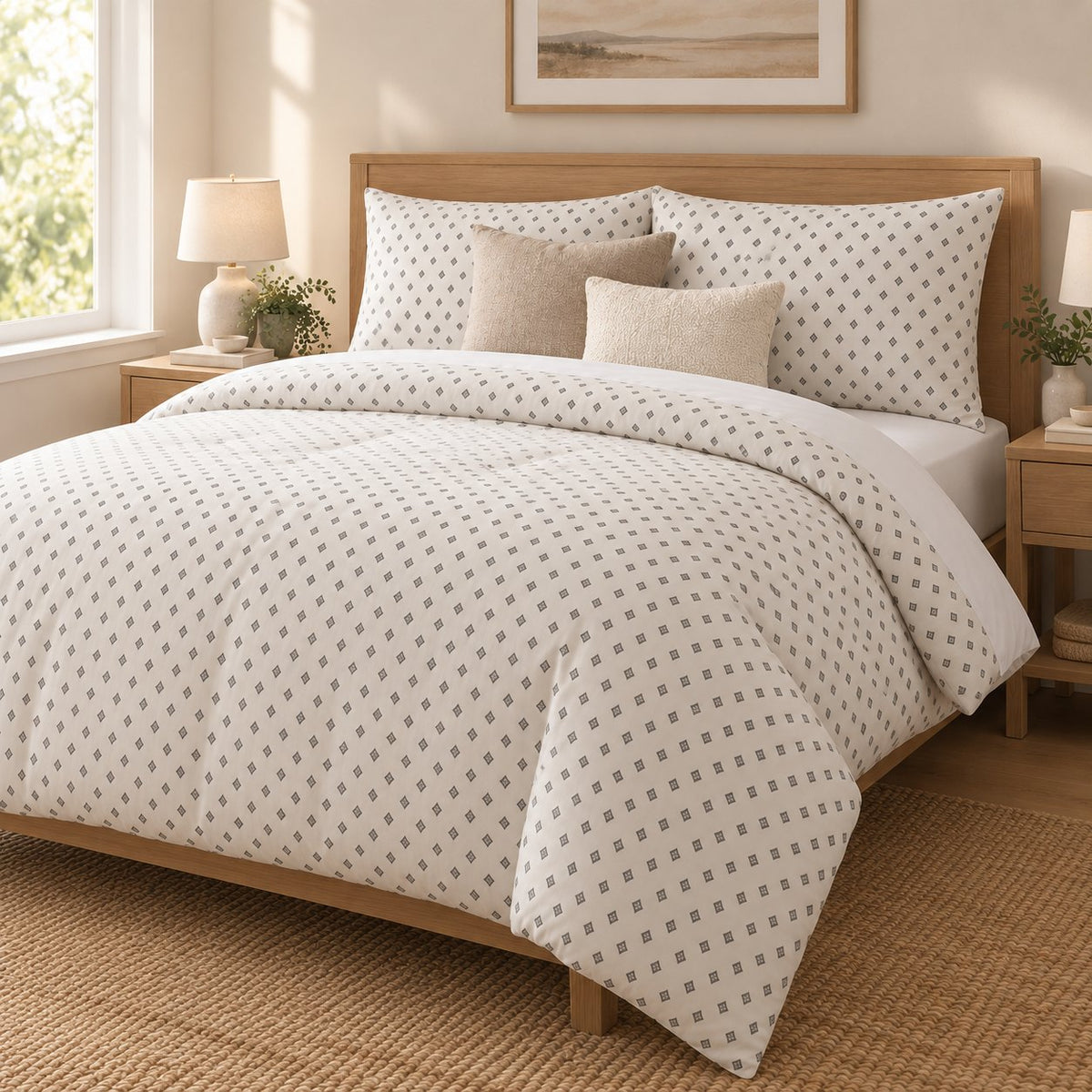 Grey Cross Stitch Geometric duvet cover set, angled view showing the diamond print over an oak bed frame by a window