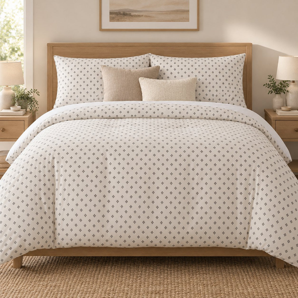 Grey Cross Stitch Geometric duvet cover set, front view showing grey diamonds on ivory with oatmeal and cream cushions