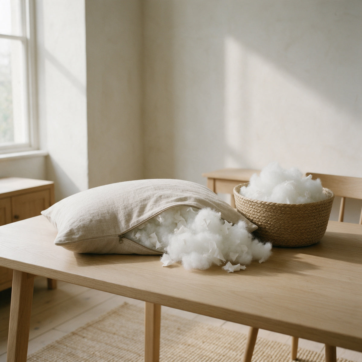 Hollowfibre Off-Cuts Filling spilling from an open zipped linen cushion cover on an oak table