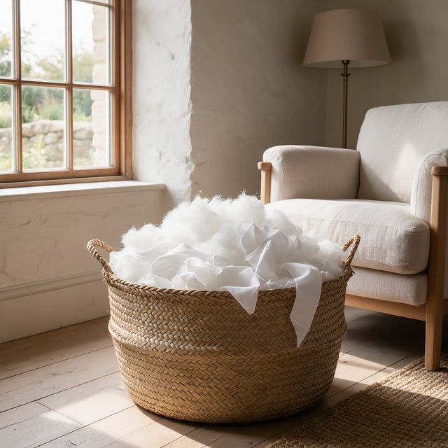Hollowfibre Off-Cuts Filling heaped in a woven basket in a living room