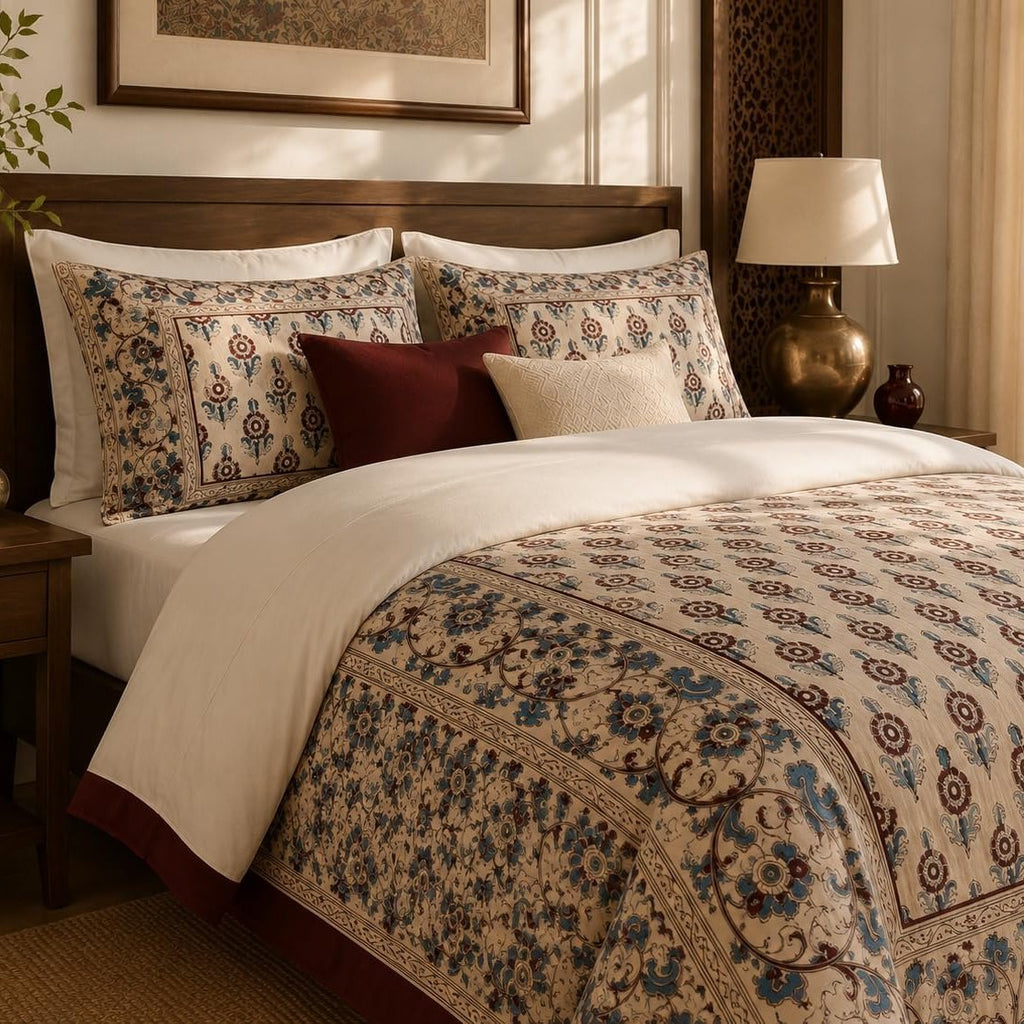 Ivory Burgundy Framed Heritage duvet cover set, border detail showing scrolling blue and burgundy vines beside the rosettes