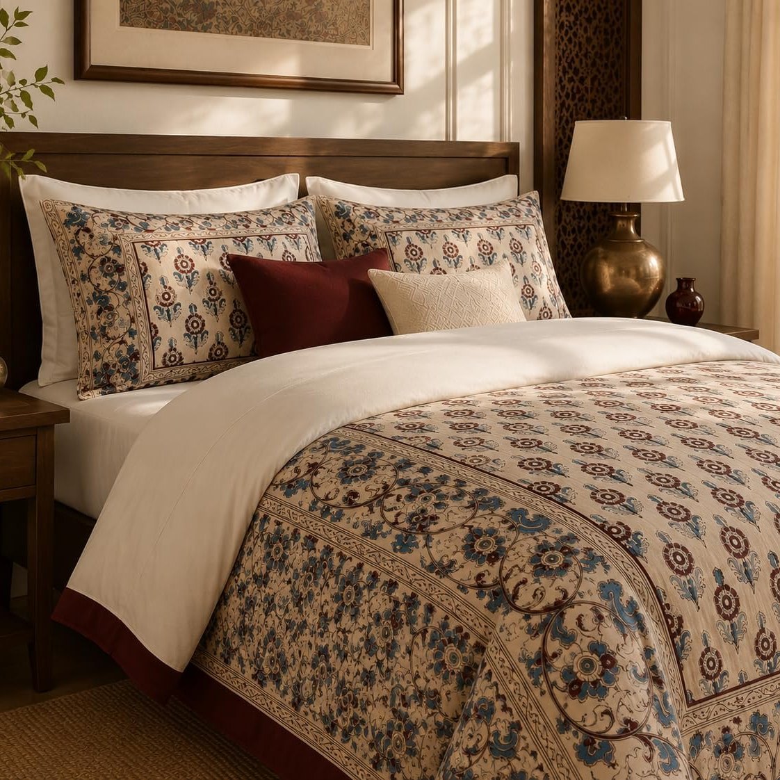 Ivory Burgundy Framed Heritage duvet cover set, border detail showing scrolling blue and burgundy vines beside the rosettes
