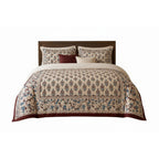Ivory Burgundy Framed Heritage duvet cover set, front view showing burgundy rosettes, vine border and burgundy edge