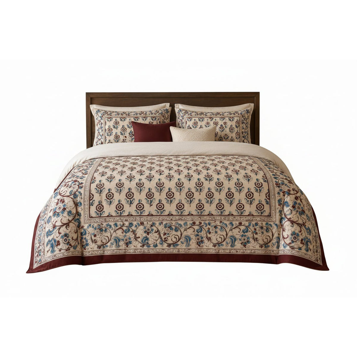 Ivory Burgundy Framed Heritage duvet cover set, front view showing burgundy rosettes, vine border and burgundy edge
