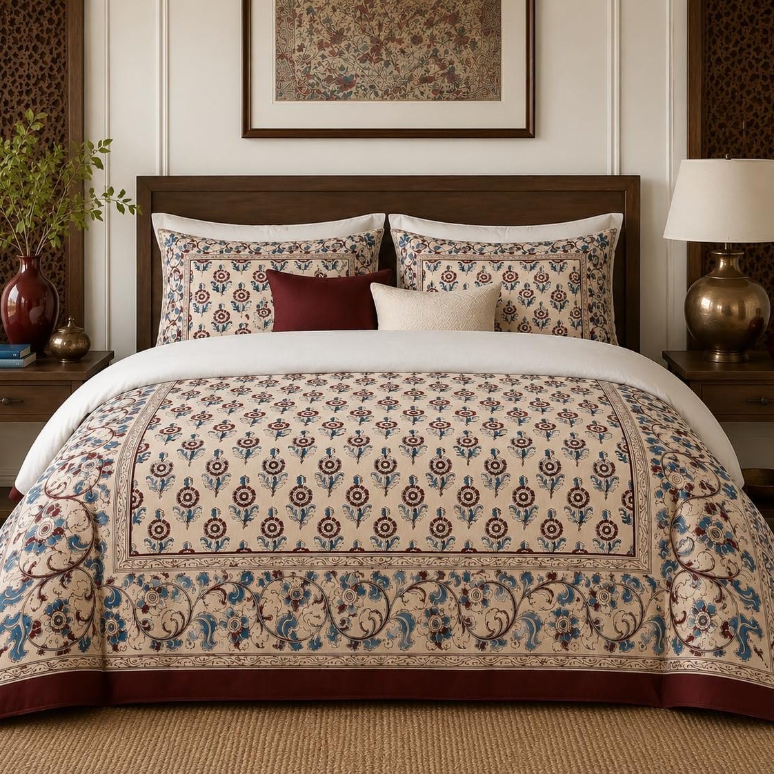 Ivory Burgundy Framed Heritage duvet cover set, room view showing the framed floral bed with dark wood and brass lamps