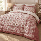 Ivory Rose Framed Heritage duvet cover set, angled view showing the rose floral border and solid rose edge on a jute rug