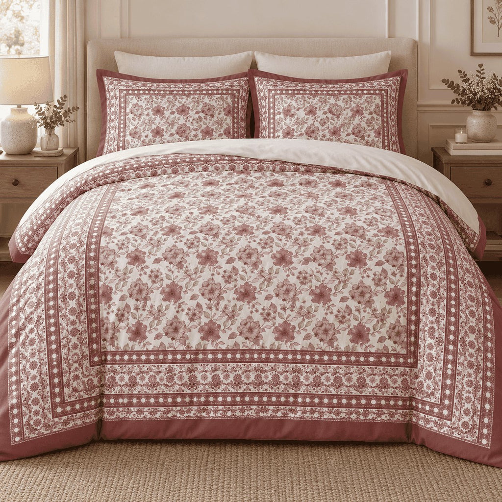 Ivory Rose Framed Heritage duvet cover set, front view showing the rose floral centre, dotted frame and matching pillowcases