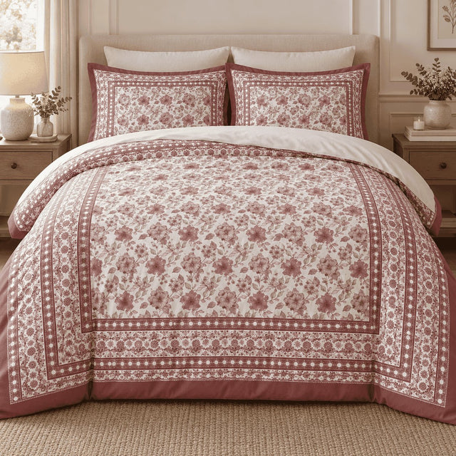 Ivory Rose Framed Heritage duvet cover set, front view showing the rose floral centre, dotted frame and matching pillowcases