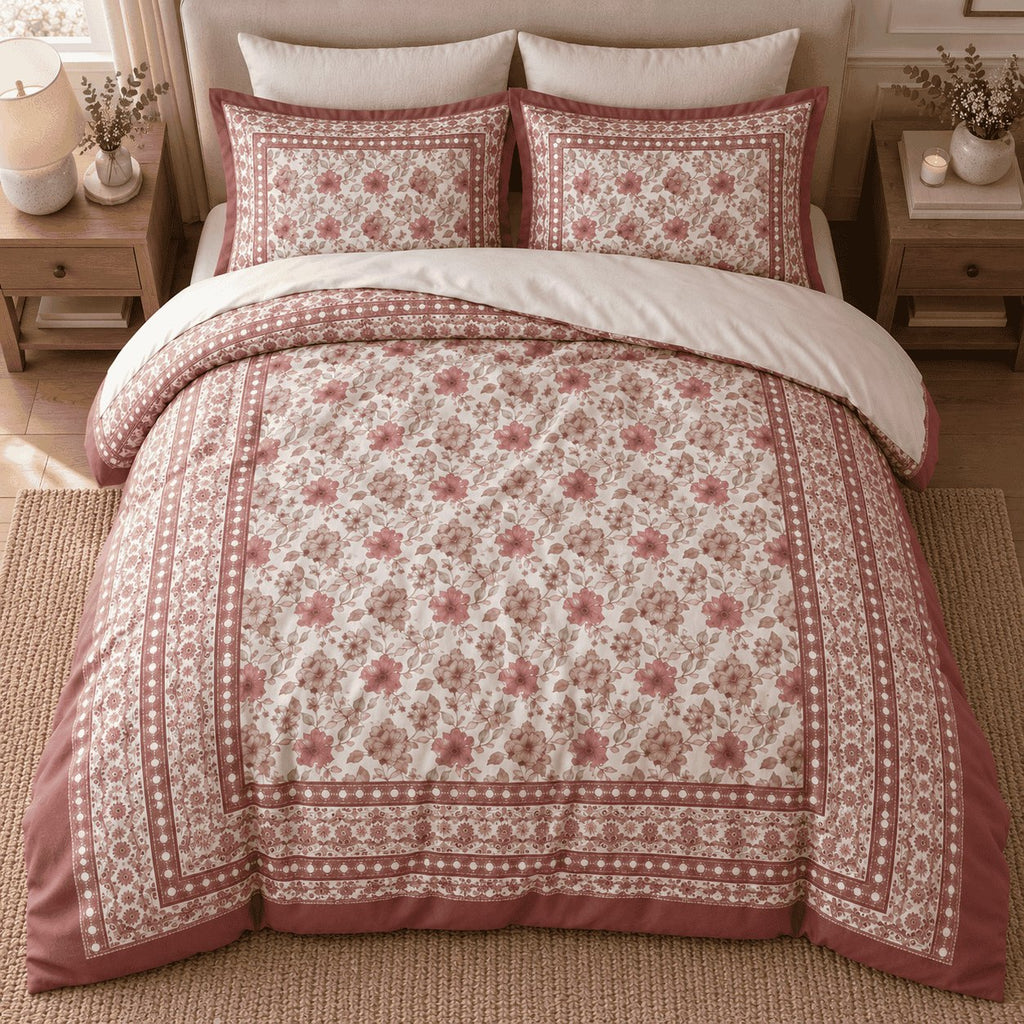 Ivory Rose Framed Heritage duvet cover set, overhead view showing the full rose floral frame layout and white reverse
