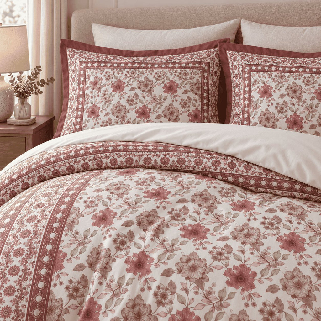 Ivory Rose Framed Heritage duvet cover set, pillowcase detail showing framed rose florals with a solid rose edge