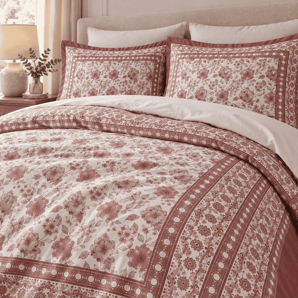 Ivory Rose Framed Heritage duvet cover set, print detail showing rose blossoms, sage leaves and the dotted floral border