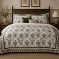 Ivory Taupe Framed Heritage duvet cover set, front view showing taupe florals on ivory inside a lattice border