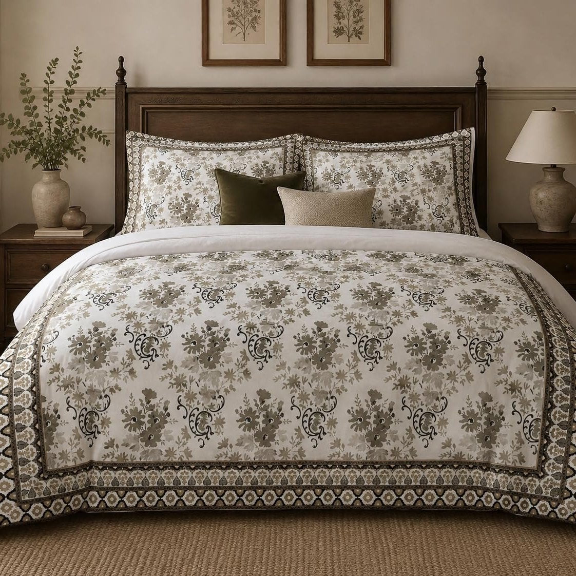 Ivory Taupe Framed Heritage duvet cover set, front view showing taupe florals on ivory inside a lattice border