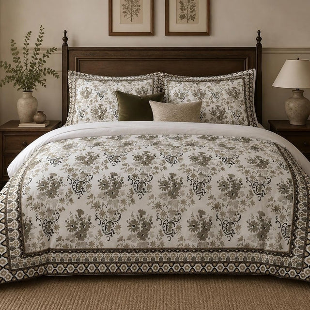 Ivory Taupe Framed Heritage duvet cover set, front view showing taupe florals on ivory inside a lattice border