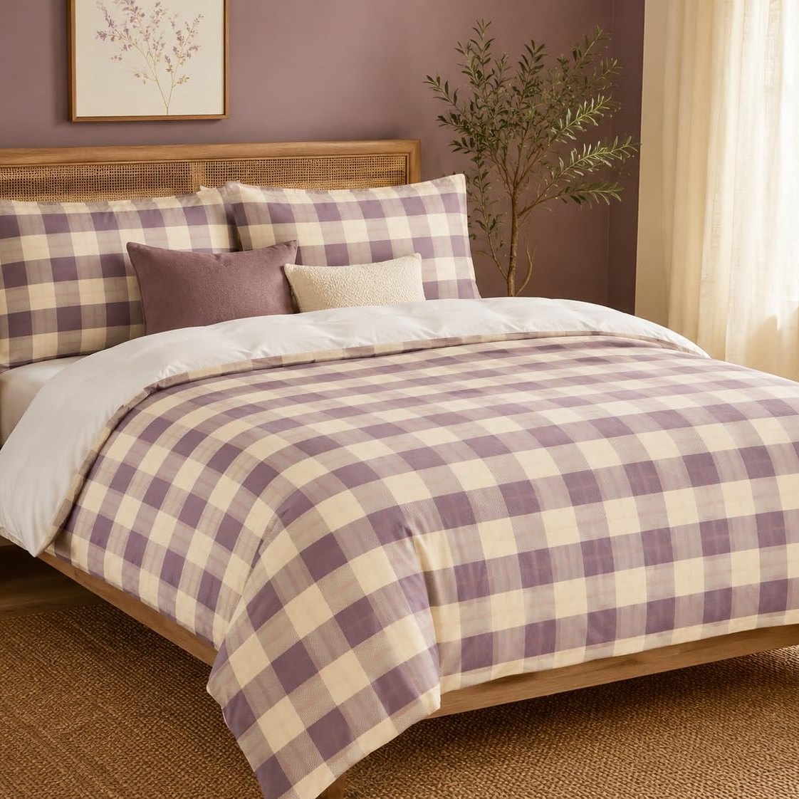 Lavender Plaid duvet cover set, angled view showing lavender and cream buffalo check on an oak bed with cane headboard