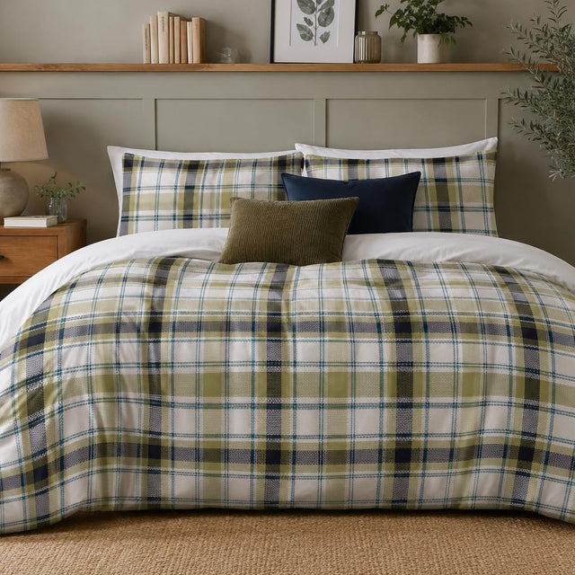 Light Green Plaid duvet cover set, front view showing pistachio and navy check on white below a sage panelled wall