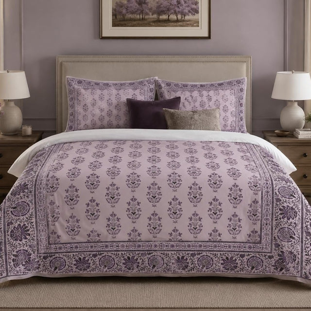 Lilac Plum Framed Heritage duvet cover set, front view showing plum sprigs on lilac inside a rosette border