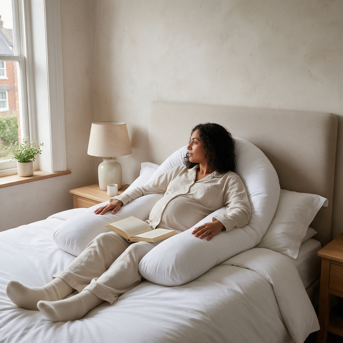 Pregnant woman sitting up reading, supported by the Maternity Body Pillow 12ft