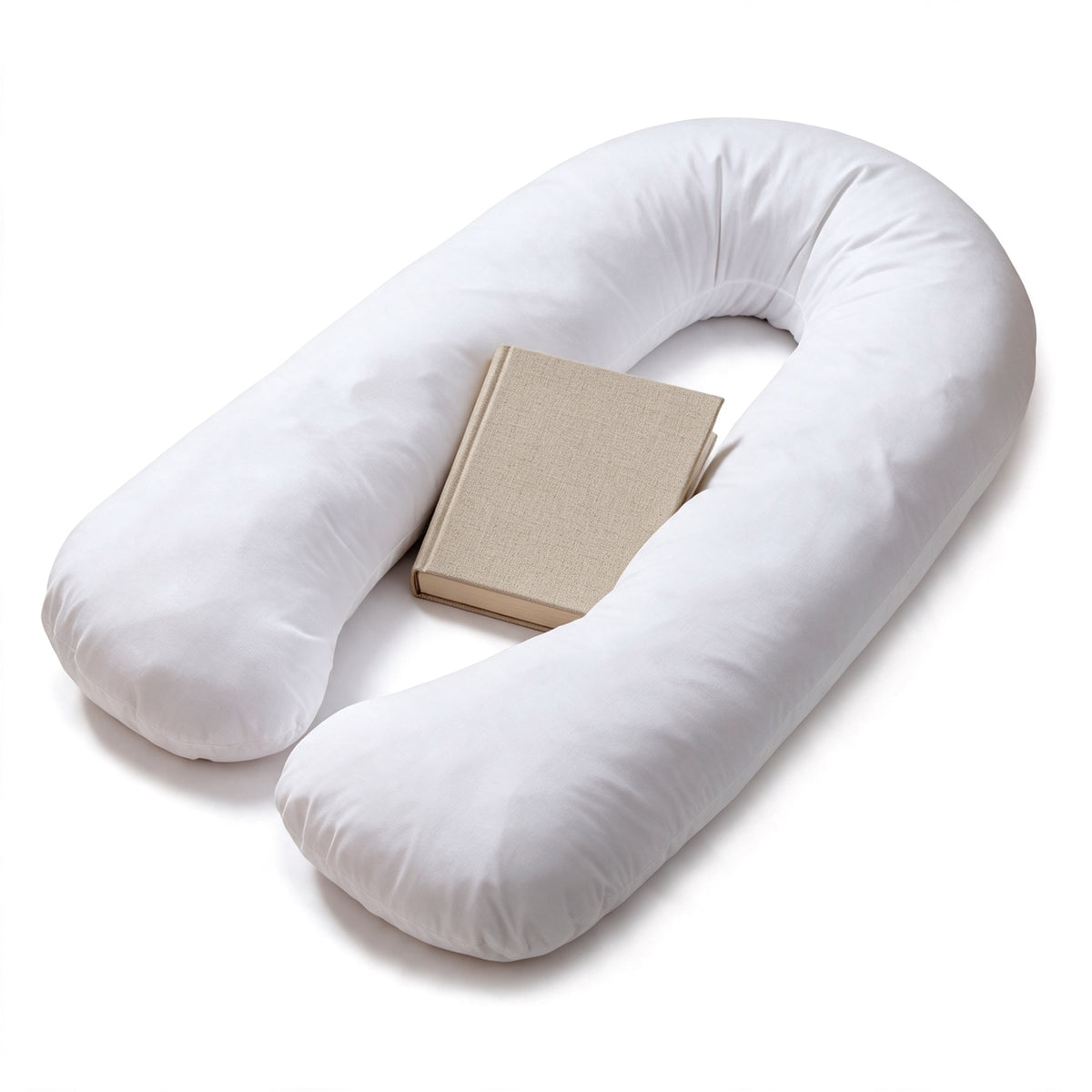 Maternity Body Pillow 12ft in a white cover at a three-quarter angle with a linen book inside the U