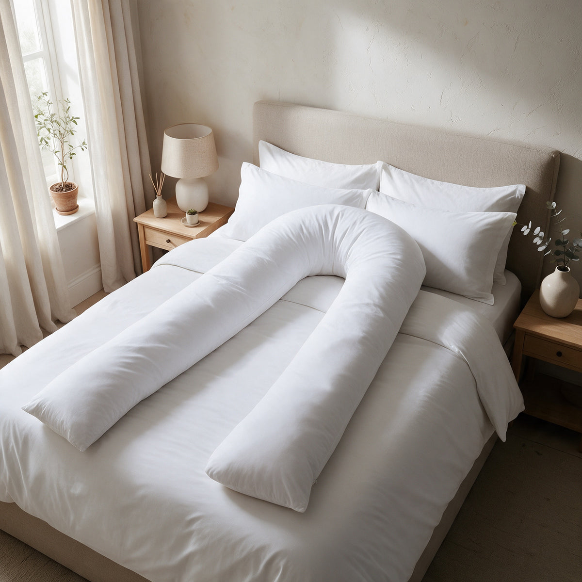 Maternity Pillow 12ft with removable cover arranged in a U on a made bed in a calm bedroom