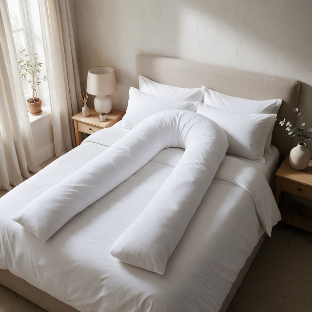 Maternity Pillow 12ft with removable cover arranged in a U on a made bed in a calm bedroom