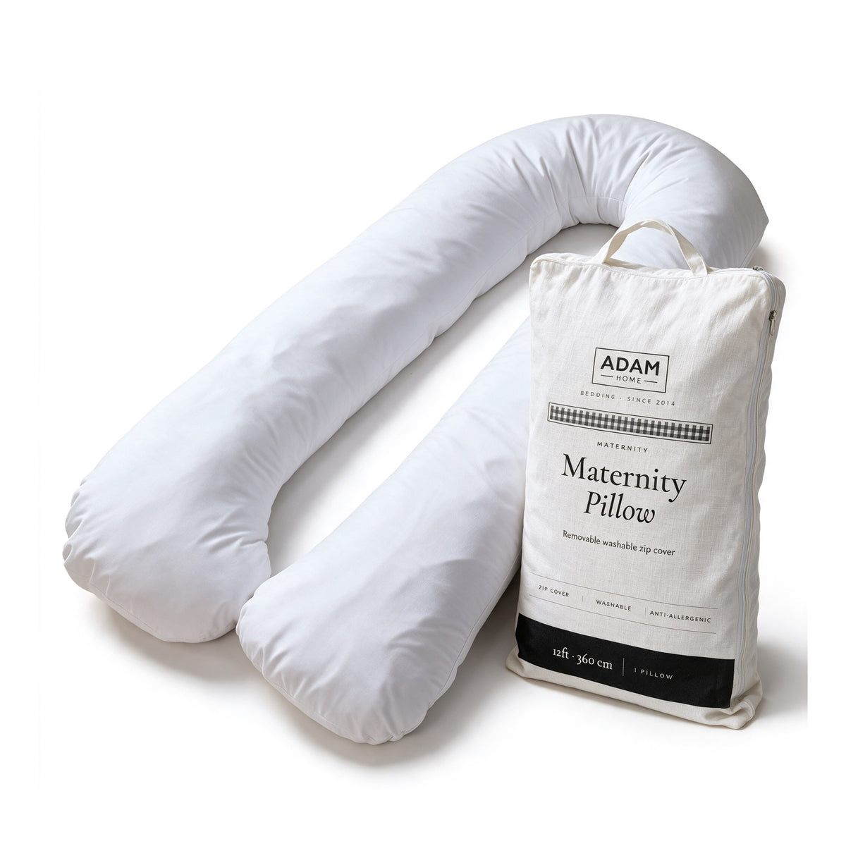 Maternity Pillow 12ft with removable zip cover beside its ADAM HOME storage bag