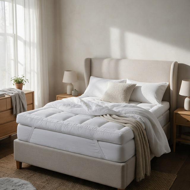Quilted Mattress Topper on a bed with an oat linen headboard, bedding turned back