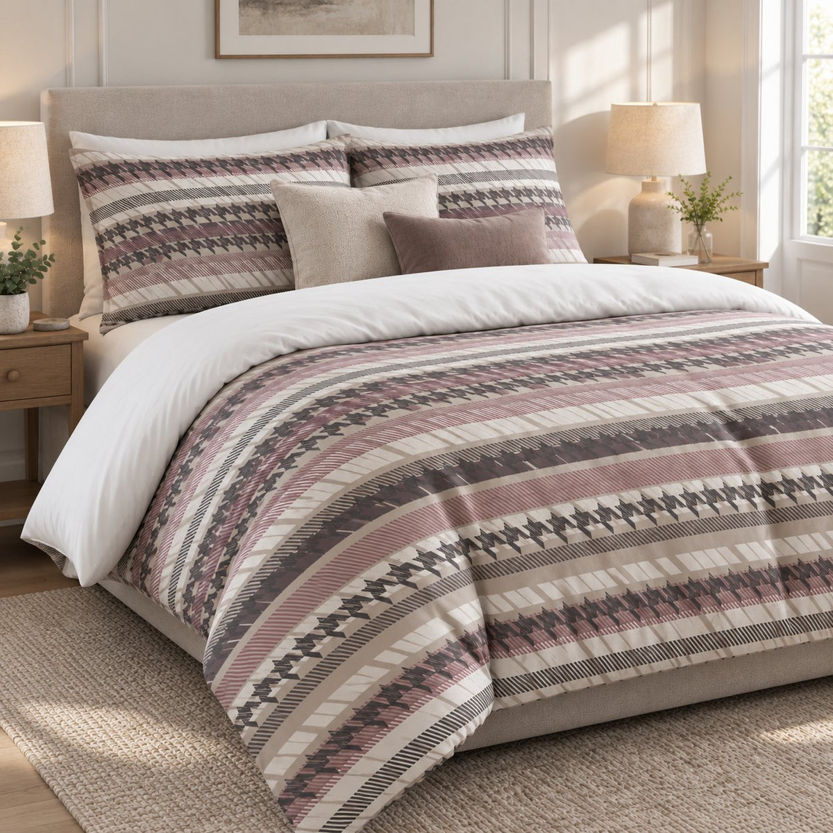 Mauve Houndstooth Stripe duvet cover set, angled view showing mauve and charcoal houndstooth stripes